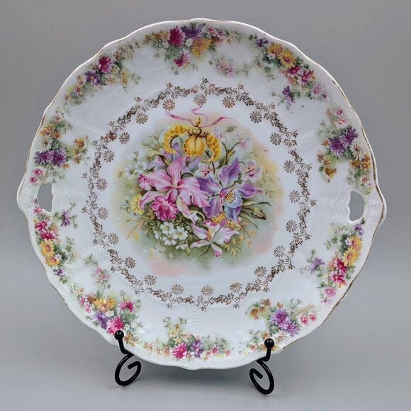 Antique Carl Tielsch German Porcelain Double Handled Serving Dish with Orchids